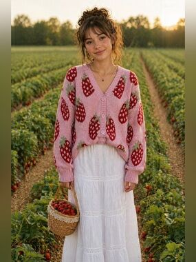 Hot Topic Strawberry Cardigan Pink Cottagecore Kawaii Soft Girl Cozy Knit